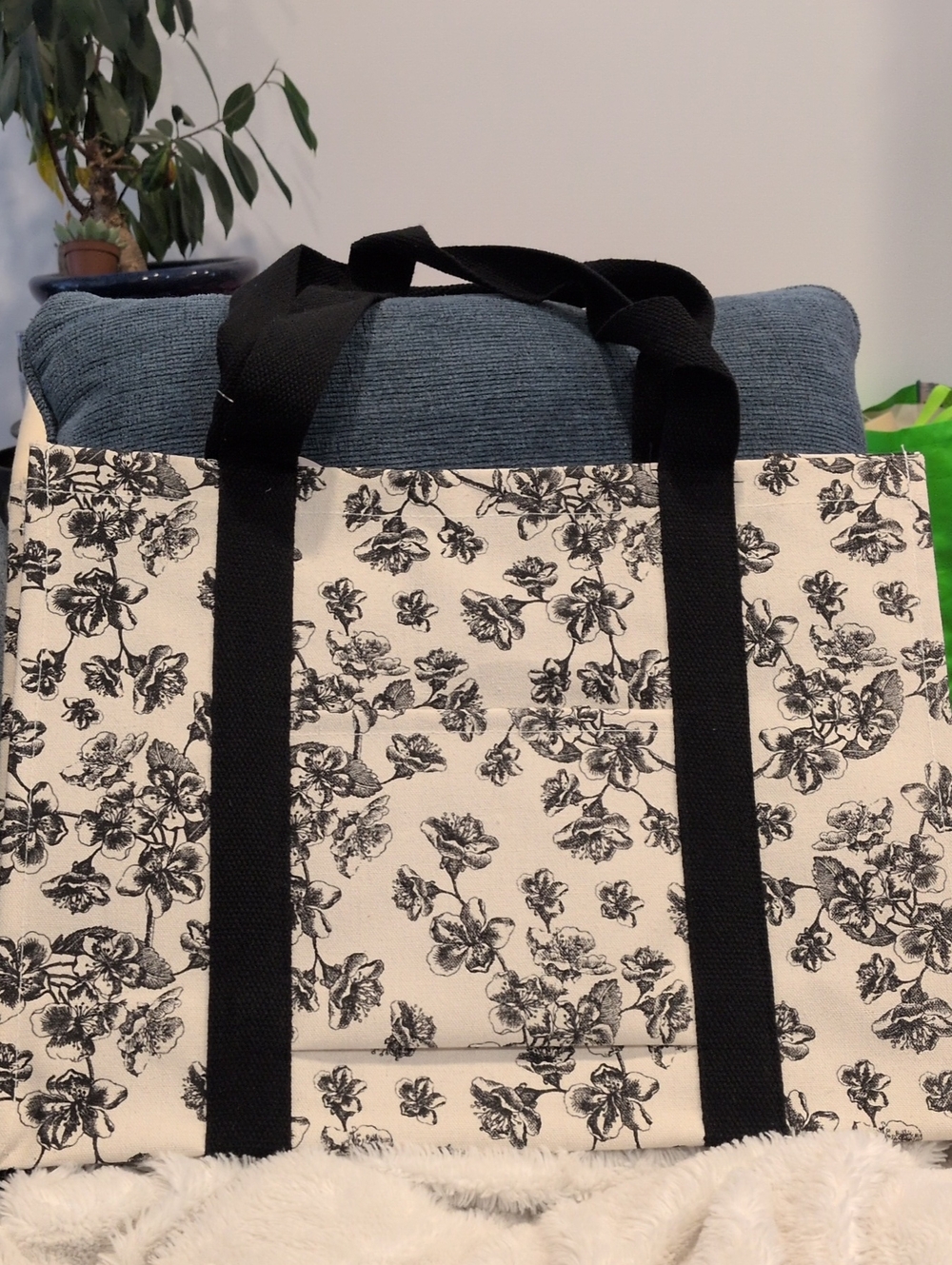 Black & Cream Floral Canvas Tote Bag